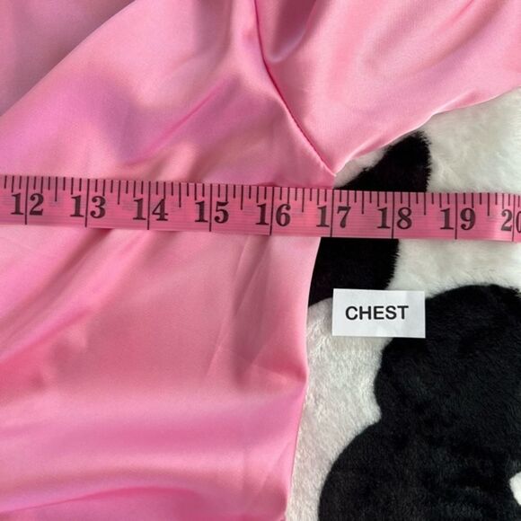 Pink Satin Deep Collar V Neck Tie Front Long Sleeve Mini Dress Small - Picture 8 of 11